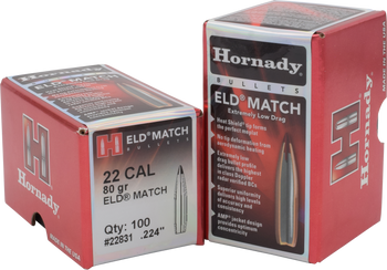 Hornady 22831 ELD Match  22 Cal .224 80 gr Extremely Low Drag Match 100 Per Box/ 25 Case                                                                                                                