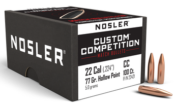 Nosler 22421 Custom Competition 22Cal 77gr Hollow Point Boat Tail 100/Box                                                                                                                               