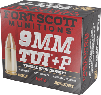 Fort Scott Munitions 9MM+P-080-SCV Tumble Upon Impact (TUI)  9mm+P 80gr Solid Copper Spun 20 Per Box/25 Case                                                                                            