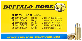 Buffalo Bore Ammunition 24A20 Personal Defense Strictly Business 9mmLuger +P+ 115gr Jacket Hollow Point 20 Per Box/12 Case                                                                              