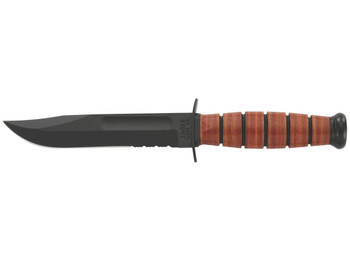 Ka-Bar 1252 USMC 5.25" Fixed Clip Point Part Serrated Black 1095 Cro-Van Blade, Brown Leather Handle, Includes Sheath