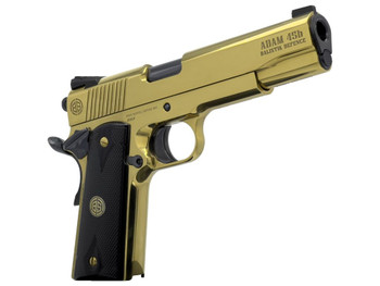 Dickinson LLC DKSN45GB Adam 1911 Golden 45 ACP 8+1 5" Black Barrel, Gold Cerakote Steel B Serrations Slide, Gold Steel Frame w/Beavertail, Black Textured Grip