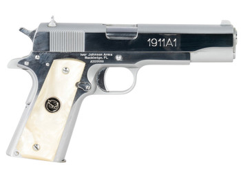 Iver Johnson Arms 1911A138CHRWP 1911 38 Super 8+1 5" Stainless Steel Barrel, Bright Polish Chrome Stainless Steel Serrated Slide, Pearl Grip