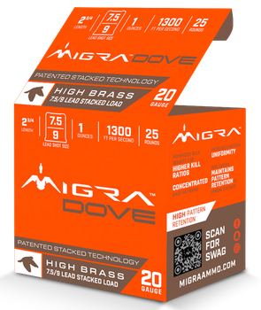 Migra Ammunitions M20LF7.59  Dove 20Gauge 2 3/4" 1oz 7.5/9Shot 25 Per Box/10 Case                                                                                                                       