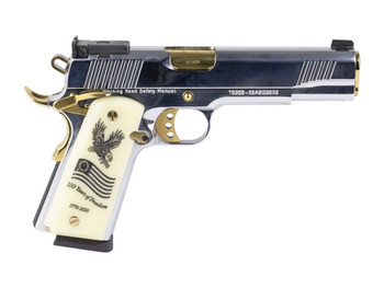 Girsan 391096 MC1911 USA 250th 45 ACP 8+1 5" Polished Chrome Stainless Steel Serrated Slide & Frame w/Beavertail, Eagle w/Flag Grip