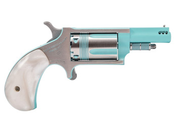North American Arms 22MPB Iris undefined 22 Mag 5 Shot 1.63" Turquoise Cerakote Ported Barre Matte Stainless Steel Frame, Stainless/Turquoise Cylinder, Faux White Pearl Grip, Exposed Hammer