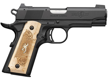 Browning 051068490 1911-22 Black Label Medallion Compact Frame 22 LR 10+1 3.63" Stainless Steel Barrel, Matte Black Serrated Slide, Matte Black Aluminum Frame w/Beavertail, Maple Medallion Grip