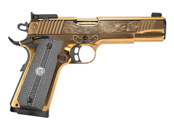 Girsan 390093 MC1911 S Lux 45 ACP 8+1 5" Gold Plated PVD Steel Barrel, Gold Finish Engraved Serrated w/Engraving Steel Slide, Gold Plated Steel Frame, Black G10 Grip