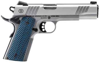 Bersa B19117050SMBL B1911  Full Size Frame 45 ACP 8+1 5" Stainless Steel Barrel, Polished Stainless Serrated Steel Slide, Matte Stainless Stainless Steel Frame w/Beavertail, Blue VZ Grip, Ambidextrous