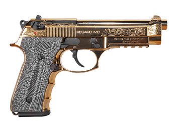EAA GIRSAN 390088 Regard MC Deluxe 9mm Luger 18+1, 4.90" Stainless Steel Barrel, Gold Plated Serrated w/Engraving Steel Slide & Aluminum Frame w/Picatinny Rail, Black G10 Grip, Ambidextrous