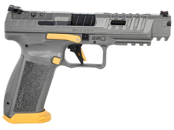 Canik HG6610TN SFx Rival Full Size 9mm Luger 18+1, 5" Black Steel Barrel, Rival Gray Ported/Serrated Slide, Rival Gray w/Gold Accents Polymer Frame w/Beavertail & Picatinny Rail, Ambidextrous