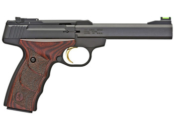 Browning 051429490 Buck Mark Plus *CA Compliant 22 LR 10+1 5.50" Slab Side Barrel, Matte Black Serrated Steel Slide & Aluminum Frame, Brown Finger Grooved Laminate Grips