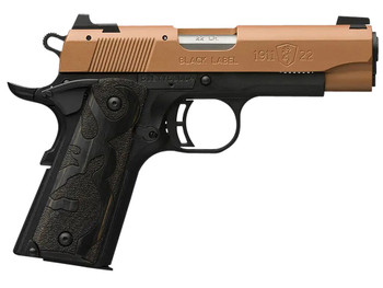 Browning 051896490 1911 Black Label Compact Frame 22 LR 10+1, 3.63" Matte Stainless Steel Barrel, Copper Cerakote Serrated Slide, Matte Black Polymer Frame w/Beavertail, Black Laminate Wood Grip