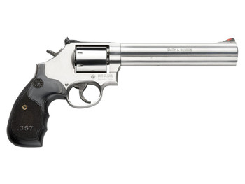 Smith & Wesson 150855 Model 686 Plus 38 S&W Spl +P, 357 Mag 7rd 7" Stainless Steel Barrel & Cylinder Satin Stainless Steel Frame with Black & Silver Custom Wood Grip & Red Ramp Front Sight
