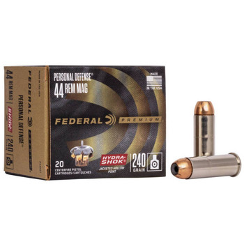 Federal Premium Personal Defense High Velocity Centerfire Ammunition, 44 Rem Mag, Hydra-Shok Jacketed Hollow Point, 240 Grain - 20 Cartridge Box ( 20 / 1 )