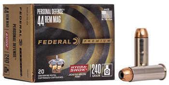 Federal Premium Personal Defense High Velocity Centerfire Ammunition, 44 Rem Mag, Hydra-Shok Jacketed Hollow Point, 240 Grain - 20 Cartridge Box ( 20 / 1 )