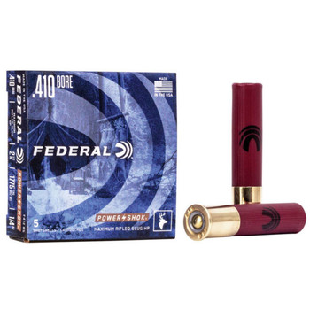 Federal Power-Shok 410 Bore Slug Ammunition, 2 1/2 Inch, 1775 FPS, 1 3/8 Ounce, Rifled Slug Hollow Point - 5 Cartridge Box ( 5 / 1 ) Federal Power-Shok 410 Bore Slug Ammunition, 2 1/2 Inch, 1775 FPS, 1 3/8 Ounce, Rifled Slug Hollow Point - 5 Cartridge Box ( 5 / 1 )