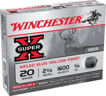 Winchester Super-X 20 Gauge Slug Ammunition, 2 3/4 Inch, 1600 FPS, 3/4 Ounce, Rifled Slug Hollow Point - 5 Cartridge Box ( 5 / 1 )