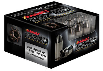 Barnes Tac-XPD Standard Velocity Centerfire Ammunition, 9mm Luger +P, TAC-XP, 115 Grain - 20 Cartridge Box ( 20 / 1 ) Barnes Tac-XPD Standard Velocity Centerfire Ammunition, 9mm Luger +P, TAC-XP, 115 Grain - 20 Cartridge Box ( 20 / 1 )