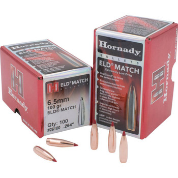 Hornady 26100 ELD Match  6.5mm .264 100 gr Extremely Low Drag Match 100 Per Box 25 Case UPC: 090255709490