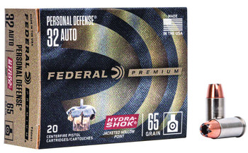 Federal Premium Personal Defense Subsonic Centerfire Ammunition, 32 ACP, Hydra-Shok Jacketed Hollow Point, 65 Grain - 20 Cartridge Box ( 20 / 1 )