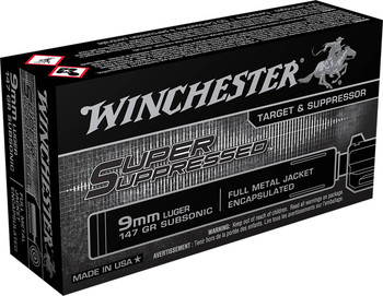 Winchester Super Suppressed Subsonic Centerfire Ammunition, 9mm Luger, Encapsulated Full Metal Jacket, 147 Grain - 50 Cartridge Box ( 50 / 1 )