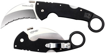 Cold Steel CS22KFS Tiger Claw  3.50 Folding Hawkbill Serrated Stonewashed American S35VN Blade6 Matte Black wRing G10 Handle Includes Belt Clip UPC: 705442013235