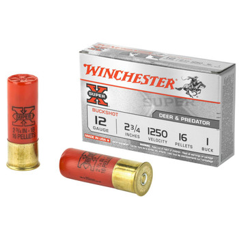 Winchester Super-X 12 Gauge Shotshell Ammunition, 2 3/4 Inch, 1250 FPS, 16 Pellet, #1 Buck - 5 Cartridge Box ( 5 / 1 ) Winchester Super-X 12 Gauge Shotshell Ammunition, 2 3/4 Inch, 1250 FPS, 16 Pellet, #1 Buck - 5 Cartridge Box ( 5 / 1 )