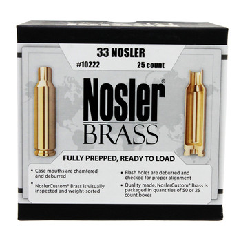 Nosler 10222 Premium Brass Unprimed Cases 33 Nosler Pistol Brass 25 Per Box UPC: 054041102223