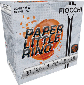 Fiocchi Exacta Target Paper Little Rino 12 Gauge Shotshell Ammunition, 2 3/4 Inch, 1250 FPS, 1 Ounce, #8 Shot - 25 Cartridge Box ( 25 / 1 ) Fiocchi Exacta Target Paper Little Rino 12 Gauge Shotshell Ammunition, 2 3/4 Inch, 1250 FPS, 1 Ounce, #8 Shot - 25 Cartridge Box ( 25 / 1 )