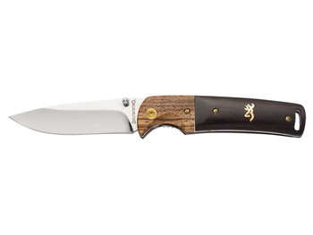 Browning 3220231 Buckmark Hunter EDC 3" Folding Drop Point, Plain Mirror Polished 8Cr14MoV SS Blade, Black/Natural Finger Grooved w/Brass Accents Hardwood Handle, Includes Pocket Clip