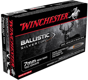 Winchester Ballistic Silvertip Hyper Velocity Centerfire Ammunition, 7mm Rem Mag, Rapid Controlled Expansion Polymer Tip, 150 Grain - 20 Cartridge Box ( 20 / 1 )