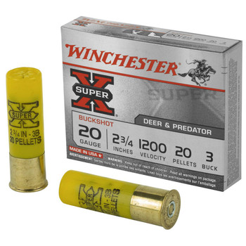 Winchester Super-X 20 Gauge Shotshell Ammunition, 2 3/4 Inch, 1200 FPS, 20 Pellet, #3 Buck - 5 Cartridge Box ( 5 / 1 )