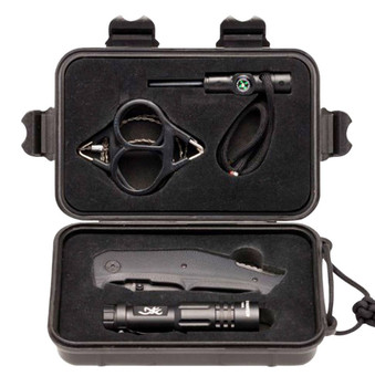 Browning 3220288 Outdoorsman Survival Kit 3.50 Folding Drop Point Plain Black Stonewashed 8Cr13MoV SS BladeBlack G10 Handle Includes Storage CaseFlashlightWire SawFire FlintCompassWhistle UPC: 023614490814