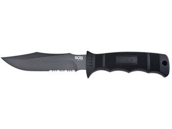 S.O.G SOGM37NCP Seal Pup 4.75" Fixed Clip Point Part Serrated Powder Coated AUS-8A SS Blade Black w/Raised Diamond Pattern GRN Handle Includes Lanyard/Sheath