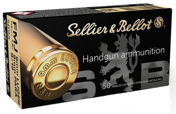 Sellier & Bellot Handgun High Velocity Centerfire Ammunition, 9mm Luger, Full Metal Jacket, 115 Grain - 50 Cartridge Box ( 50 / 1 ) Sellier & Bellot Handgun High Velocity Centerfire Ammunition, 9mm Luger, Full Metal Jacket, 115 Grain - 50 Cartridge Box ( 50 / 1 )