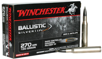 Winchester Ballistic Silvertip Hyper Velocity Centerfire Ammunition, 270 Winchester, Rapid Controlled Expansion Polymer Tip, 130 Grain - 20 Cartridge Box ( 20 / 1 )