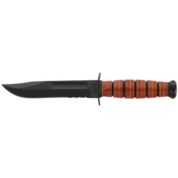 KaBar 1252 USMC  5.25 Fixed Clip Point Part Serrated Black 1095 CroVan Blade Brown Leather Handle Includes Sheath UPC: 617717212529