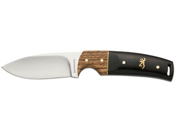 Browning 3220271 Buckmark Hunter EDC 3.13" Fixed Drop Point, Plain Mirror Polished 8Cr14MoV SS Blade, Black/Zebra Finger Grooved w/Brass Accents Hardwood Handle, Includes Sheath