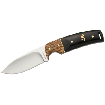 Browning 3220271 Buckmark Hunter EDC 3.13 Fixed Drop Point Plain Mirror Polished 8Cr14MoV SS Blade BlackZebra Finger Grooved wBrass Accents Hardwood Handle Includes Sheath UPC: 023614489009