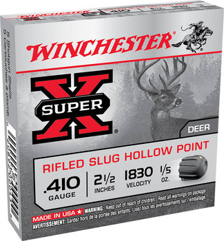 Winchester Super-X 410 Bore Slug Ammunition, 2 1/2 Inch, 1830 FPS, 1/5 Ounce, Rifled Slug Hollow Point - 5 Cartridge Box ( 5 / 1 )