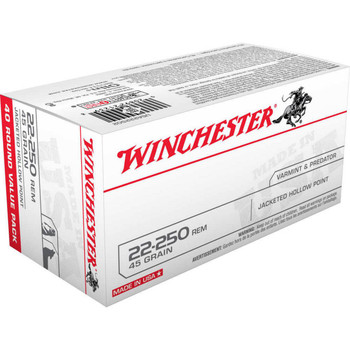 Winchester USA White Box Hyper Velocity Centerfire Ammunition, 22-250 Remington, Jacketed Hollow Point, 45 Grain - 20 Cartridge Box ( 20 / 1 )
