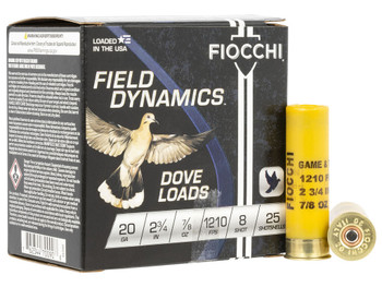Fiocchi 20GT8 Field Dynamics Dove & Quail 20Gauge 2.75" 7/8oz 8Shot 25 Per Box/10 Case