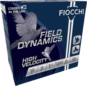 Fiocchi Field Dynamics High Velocity 12 Gauge Shotshell Ammunition, 3 Inch, 1330 FPS, 1 1/8 Ounce, #6 Shot - 25 Cartridge Box ( 25 / 1 )