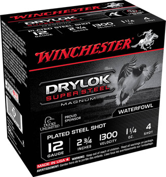 Winchester Drylock Super Steel 12 Gauge Shotshell Ammunition, 2 3/4 Inch, 1300 FPS, 1 1/4 Ounce, #4 Shot - 25 Cartridge Box ( 25 / 1 ) Winchester Drylock Super Steel 12 Gauge Shotshell Ammunition, 2 3/4 Inch, 1300 FPS, 1 1/4 Ounce, #4 Shot - 25 Cartridge Box ( 25 / 1 )
