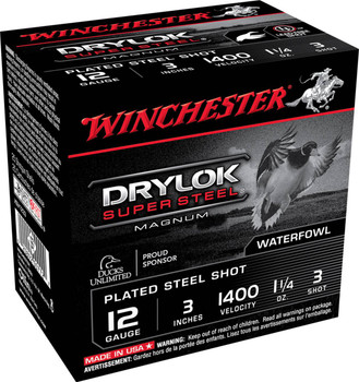 Winchester Drylock Super Steel 12 Gauge Shotshell Ammunition, 3 Inch, 1400 FPS, 1 1/4 Ounce, #3 Shot - 25 Cartridge Box ( 25 / 1 ) Winchester Drylock Super Steel 12 Gauge Shotshell Ammunition, 3 Inch, 1400 FPS, 1 1/4 Ounce, #3 Shot - 25 Cartridge Box ( 25 / 1 )