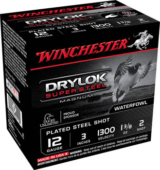 Winchester Drylock Super Steel 12 Gauge Shotshell Ammunition, 3 in, 1300 fps, 1 3/8 oz, #2 - 25 Cartridge Box ( 25 / 1 )
