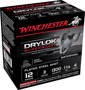 Winchester Drylock Super Steel 12 Gauge Shotshell Ammunition, 3 Inch, 1300 FPS, 1 1/8 Ounce, #4 Shot - 25 Cartridge Box ( 25 / 1 )