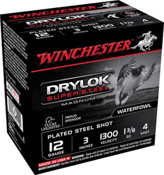 Winchester Drylock Super Steel 12 Gauge Shotshell Ammunition, 3 Inch, 1300 FPS, 1 1/8 Ounce, #4 Shot - 25 Cartridge Box ( 25 / 1 )
