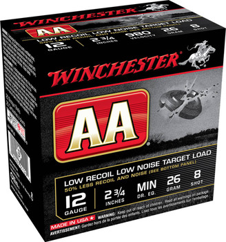Winchester AA Low Recoil Low Noise Target 12 Gauge Shotshell Ammunition, 2 3/4 Inch, 980 FPS, 2/3 Ounce, #8 Shot - 25 Cartridge Box ( 25 / 1 )